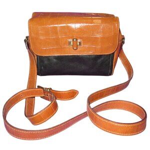 FURLA Vintage Black & Brown Colorblock Croc Embossed Italian Leather crossbody
